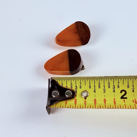 Rare Bakelite Wood Clip On Earrings 1940s Butterscotch Catalin Mid Century VTG - Picture 8 of 8